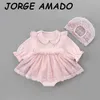 Höst Baby Girl Bodysuit Lace Pink Långärmad Romper Född Kläder 0-2Y E6307 210610