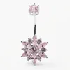 925 Sterling Silver Belly Knapp Bar Ring Rosa Blomma Cubic Zircon Navel Piercing Smycken