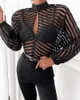 Chemisiers pour femmes Chemises Été Femmes Rayé Sheer Mesh Blouse 2021 Mode Femme Casual Mock Manches Longues Trou De Serrure Avant Haut Bureau Dames O