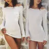 Kayotuas Femmes Robe Sexy Solide Blanc Beach Summer Bikini Cover-Ups Mesh Dos Nu Mini Manches Longues Slim Beachdress 210522