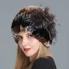 Femmes russes hiver réel Rex lapin fourrure chapeaux Floral chaud naturel casquettes tricoté dame haut avec chapeau 211228