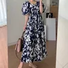 Retro Square Neck Backless Ink Print Dress Women Lace-up Vita Estate Big Swing Moda Coreano Chic Abbigliamento Vestido Feminino 210610