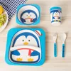 5pcs/set Baby Dish Tableware Children Cartoon Feeding Dishes Kids Natural Bamboo Fiber Dinnerware With Bowl Fork Cup Spoon Plate