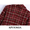 KPYTOMOA Femmes Mode Double Boutonnage Tweed Check Blazer Manteau Vintage Manches Longues Effiloché Garnitures Femelle Survêtement Chic Tops 211019