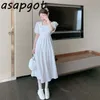 Asapgot Square Neck Puff Sleeve V Baklösa Klänning Kvinnor Sommar Slim Empire Midja En Linje Lace Up Blue Dresses Long Vestido 210610