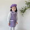 Spring CC Boutique Outfit for Children Girls Plaid Tweed Costumes Kids White Blouse and Dress Set 210529