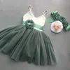 Vintage Mädchen Spitzenkleid für Kinder Salbeigrün Kinder Weihnachten Kleinkind Prinzessin Party Kleid mit Blumenschärpen 210529