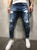 mens jeans regular fit print broken Hole Design Fashion Ankle Zipper Skinny Jeans For summer fashion hip hop blue stretch jeans X0621