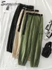 Surmiitro Cotton Ankel Cargo Byxor Kvinnor Mode Höst Koreansk Stil Gröna Fickor Hög Midja Harem Byxor Kvinna med Bälte 210712