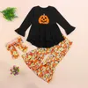 Clothing Sets Autumn 2Pcs Baby Girls Halloween Long Sleeve Bell Bottom Pants Outfits Pumpkin Print Ruffle Tracksuits 1-6Y