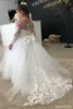 Новый бантик кружева мяч платья цветок девушка платья для свадьбы сладкий с длинным рукавом мягкие тюль девушки принцесса причастие платья FS9780