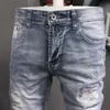 Italian Fashion Men Jeans Light Blue Elastic Slim Fit Destroyed Ripped Denim Pants Patchwork Vintage Designer Hip Hop Trousers