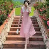 Pink French Vintage Kawaii Dres Lace Patchwork Peter Pan Collar Sweet Midi Female Y2K Casual Holiday Princess 210604