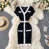 Novo design moda feminina retrô elegante patchwork manga curta decote em v vestido lápis de malha vestido curto bloco de cor