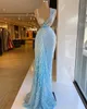 Céu de luxo azul vestidos de noite cristais frisados ​​mangas de sereia comprimento longo tulle sexy mulheres vestidos de pageant 2021