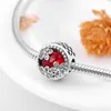 Mode 925 sterling silver ihålig hjärta tre blommor djupa röda cz pärlor passar original europeisk charmband smycken gör Q0531