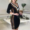 Contrast Color Sequins Women's Dress V-Neck Patchwork Sexy Leopard Plaid Striped Print Three Quarter Sleeve Lady Party Dresses