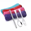 Stainless Steel Travel 3Pcs/Set Portable Cloth Bag Spoon Fork Chopsticks Knife Set Fruit Cake Forks Picnic Tableware Sets BH5793 WLY