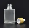 30 ml Clear / Frosted Glass Dropper Flessen Vloeibare Reagens Vierkante Essentiële Olie Parfum Flessen Rook Oil E Liquid Flessen Bamboe Cap SN2386