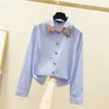 Spring and Autumn Fashion Long Sleeve Blue Vertical Stripe Print Shirt Loose Blouse Plus Size Womens Clothing 210615