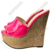 Olomm El Yapımı Kadınlar Yaz Patent Deri Katırlar Sandalet Kamaları Topuk Açık Ayak Tip Muhteşem Pembe Kırmızı Elbise Parti Ayakkabı Boyutu 35 45 46