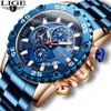 Lige Fashion Blue Big Dial Mens Klockor Top Märke Luxury Watch Män Business Date Chronograph Vattentät Sport Quartz Klocka 210527