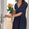 Retro Französische Eleganz Minimalistisch Bequem Hohe Taille Tiefer V-Ausschnitt Stilvolle Blase Ärmel Denim Kleid Vestidos 210525