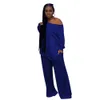 One Shoulder Full Sleeve Loose Tshirt Top and Wide Leg Trouser Pant Two Piece Set Women Solid Casual Side Hight Split Clothing Y0702