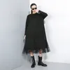[EAM] Mujeres Negro Malla Dot Split Joint Vestido Nuevo Stand Collar Manga Larga Loose Fit Moda Marea Primavera Otoño 210303