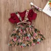 Baywell Summer Baby Girl Одежда набор с коротким рукавом Flare Romper + цветочное печать платье + лук оголовье младенческие девушки одежда одежда 210816