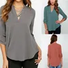 Printemps Femmes V Cou Chemisier En Mousseline De Soie Élégant Solide Rouler À Manches Longues Casual Solide Bureau Chemise Plus Taille 5XL Lady Blouse Top 210721