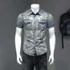 High Quality Retro Men's Shirt Short Sleeve Patch Denim Shirts Men Streetwear Social Night Club Party Clothing Chemise Homme 210527
