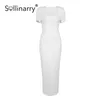 Sollinarry Elegant split solid white pencil dress women belt High street style U-neck dress female short sleeve Vestidos 210709