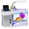 Aquariums USB Desktop Mini Aquarium Fish Tank With LED Light LCD Display Screen And Clock Decoration Pebbles Aqua