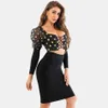 Spring Black Bodycon Bandage 2 Tvådelad Set Sexig Långärmad Hollow Polka Dot Short Top och Mini Skirt Kvinnors Party 210527