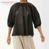 Aelegantmis Camicia coreana in ecopelle Donna Tre quarti Camicetta allentata casual in PU Donna Retro Top nero oversize Chic 210607