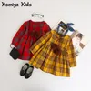 Kseniya Kids Autumn Cotton Red Yellow Girls Clothes England Style Plaid Fur Ball Bow Design Baby Girls Long Sleeve Dress 210317