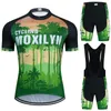 2021 Moxilyn 녹색 사이클링 저지 세트 포리스트 패턴 승마 자전거 옷 여름 짧은 소매 3 스타일 바지 검정 흰색 또는 턱받이 반바지 선택