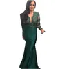 Élégant vert foncé sirène robes de soirée en dentelle à manches longues col en v profond sexy illusion formelle robes de soirée femmes robe de bal Robes 271U