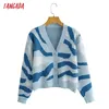 Tangada Women Autumn Blue Leopard Crop Cardigan Vintage Jumper Lady Fashion Knitted Coat BC168 211011