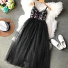 Women Summer Tulle Dress V-neck A-line Spaghetti Strap Long Mesh Cute Night Party White Floral Dress Black Roupas Femininas 210625