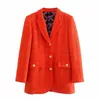 Za vintage print monterad blazer kvinnor långärmad knäppta orange blazers coat mode framfickor kvinnlig avslappnad ytterkläder 211006