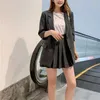 PERHAPS U Khaki Gray Black Notch Collar Blazer Women Two Pieces Set Suit Button Mini Short Pleated Skirt Half Sleeve T0440 210529