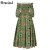 African Dresses for Women Fashion Floral Print Slash Neck Three Quarter Sleeve Maxi Dress High Waist Vintage Long Dress Autumn 220118