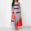 Plus Size Fashion Women Color Block Striped 3/4 Sleeve O-Neck Slim Maxi Dress Y1006