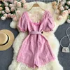 Korean Girls Sweet Emboidery Lace Playsuits Solid Square Neck Short-sleeve High Waist Wide Leg Shorts Summer Jumpsuits with Belt 210603