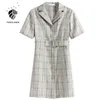 Fansilanen kantoor dame korte plaid blazer jurk vrouwen mouw grijze riem elegante zomer knop omhoog casual es 210607