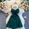 Zwart / geel / groen sexy spaghetti riem mini jurk vrouwen elegante v-hals hoge taille open rug club partij vestidos zomer 2021 Nieuwe Y0603