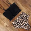 Bikini badkläder kvinnor baddräkt smocked leopard vadderad hög midja bandeau baddräkt biquini sexig 210621