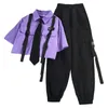 Outono Calças de Streetwear Calças High-cintura Reta Ribbon Cargo Estudante Solto Short-manga camisa com gravata conjunto de duas peças 211115